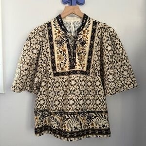 Anthropologie Medium Pleated Puff Sleeve Blouse Beige Boho Cottage Peasant